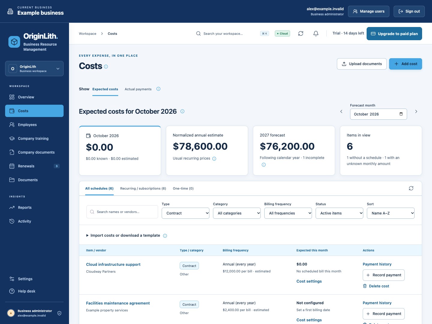 Costs filtered to business contracts, with vendors, billing frequencies, estimates, and payment actions.