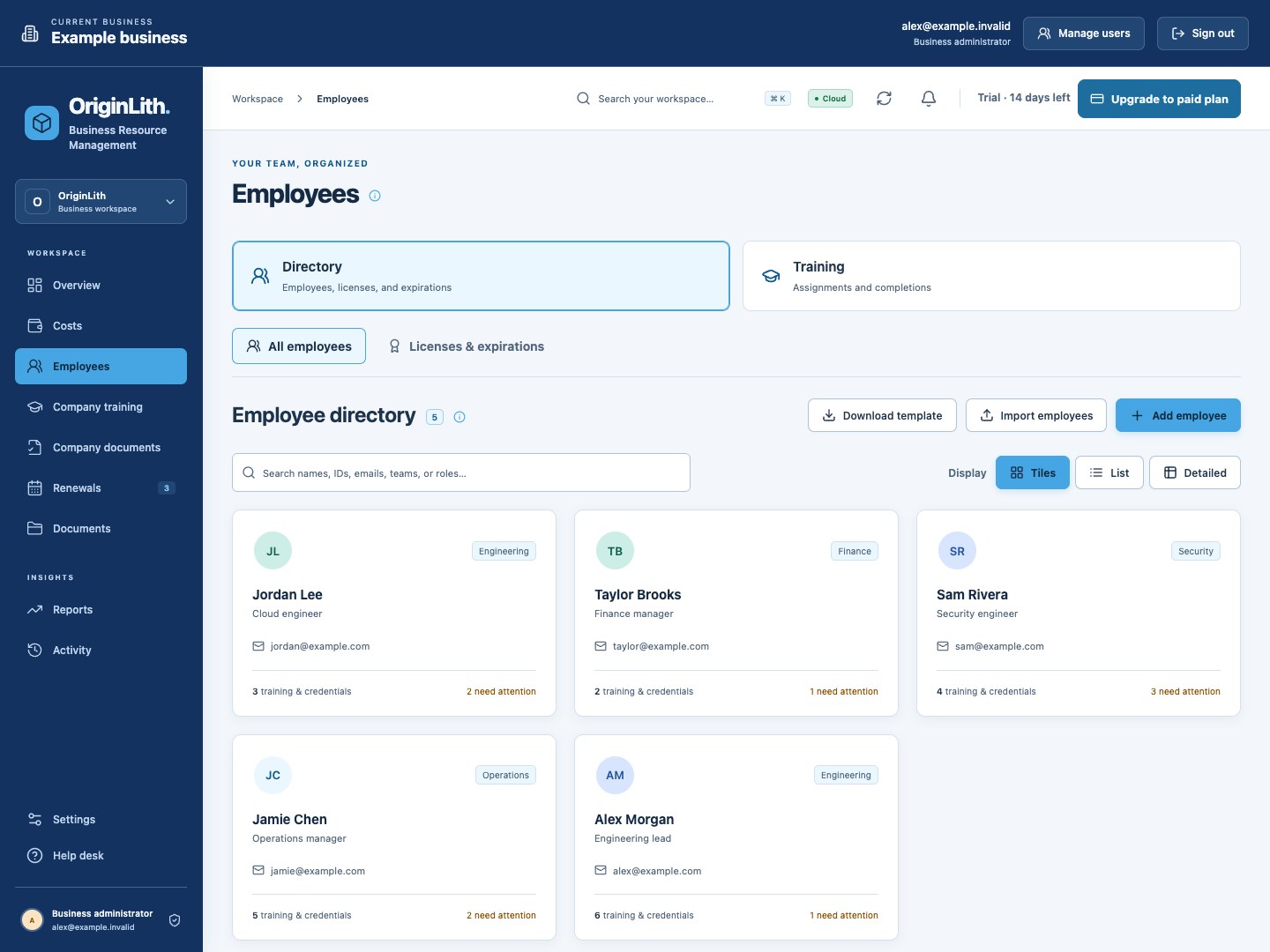 Employee directory with access to licenses and expirations, training, and individual profiles.